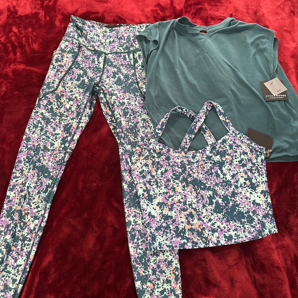 Cyclehouse Teal & Floral Active Set - Leggings + Sports Bra + Tee NEW S/M